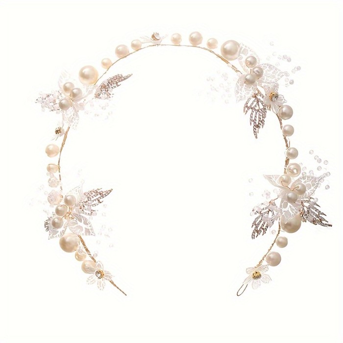 1pc Elegant Bridal Hair Accessory, Faux Pearl Headband With Rhinestone Leaves, Wedding Dress Accessory