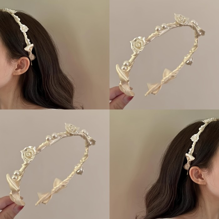 Valentine's Day Iron Alloy Headband - Cute Minimalist Style with Rose & Camellia Flowers, Imitation Pearl Accents, Bow Detail - Single Elegant Hairband for Special Occasions