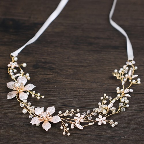 Bridal Floral Headband 1pc, Handcrafted Faux Pearl Accented Leaf Alloy Hair Band, Fashionable Wedding Dress Hair Accessory For Brides, Elegant Updo Ornament With Ribbon Tie