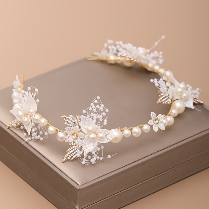 1pc Elegant Bridal Hair Accessory, Faux Pearl Headband With Rhinestone Leaves, Wedding Dress Accessory