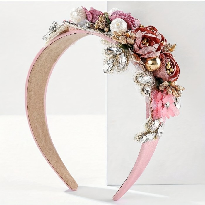 Adult Fabric Flower Stamen Heavy Rhinestone Holiday Headband 1pc