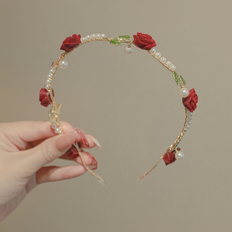 Elegant Iron Alloy Floral Hairband for Women with Imitation Pearls and Leaves, Chinese Style Bridal Wedding Headband, Single Piece Luxurious Rose Adornment Hair Accessory