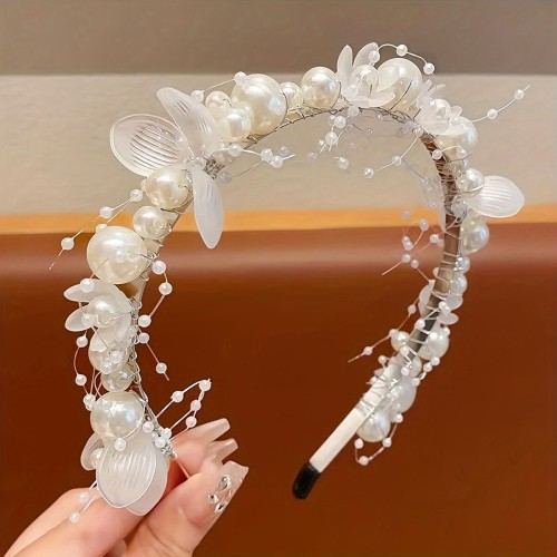 Bridal Faux Pearl And Flower Hairband, 1pc Elegant Alloy Headband, Wedding Headpiece, Floral Garland, Party Accessory