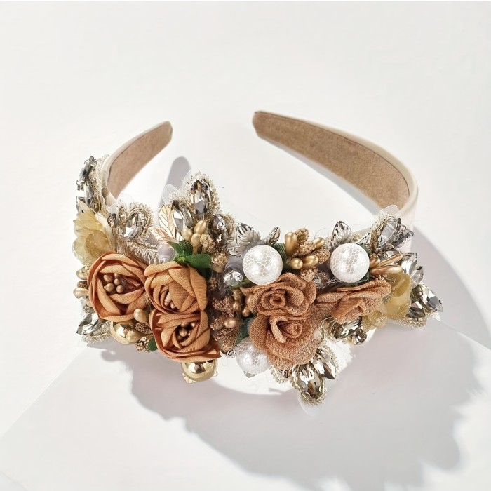 Adult Fabric Flower Stamen Heavy Rhinestone Holiday Headband 1pc