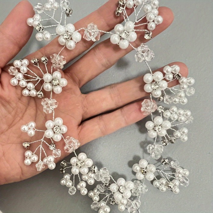 Elegant Sweet Crystal Flower Hairband with Imitation Pearls and Rhinestones, Handwoven Bridal Headpiece, Single Piece, Solid Color, Dress Up Hairband for Women