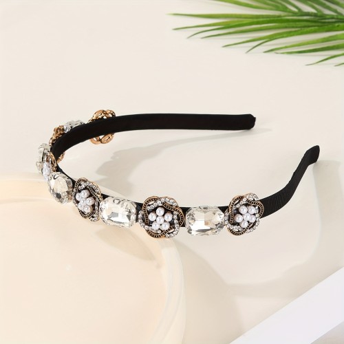 Vintage Bohemian Style Iron Headband for Women with Rhinestone and Imitation Pearls, French Baroque Heavy Work Floral Shimmer Hairband - Single Piece, Color Matching Dress Up Hair Accessory