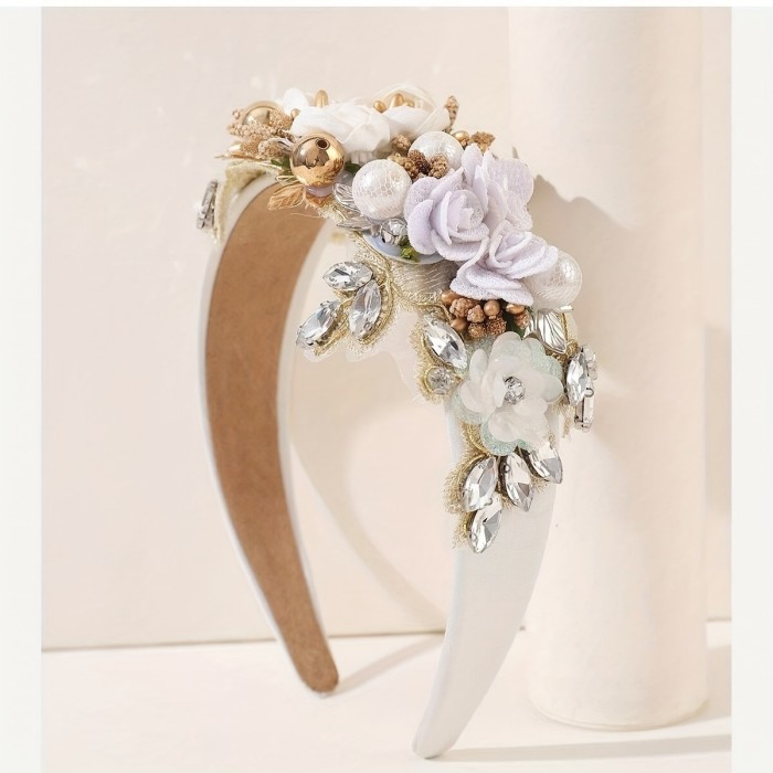 Adult Fabric Flower Stamen Heavy Rhinestone Holiday Headband 1pc