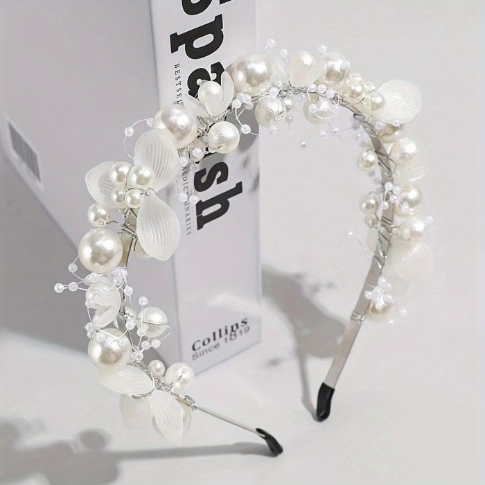 Bridal Faux Pearl And Flower Hairband, 1pc Elegant Alloy Headband, Wedding Headpiece, Floral Garland, Party Accessory
