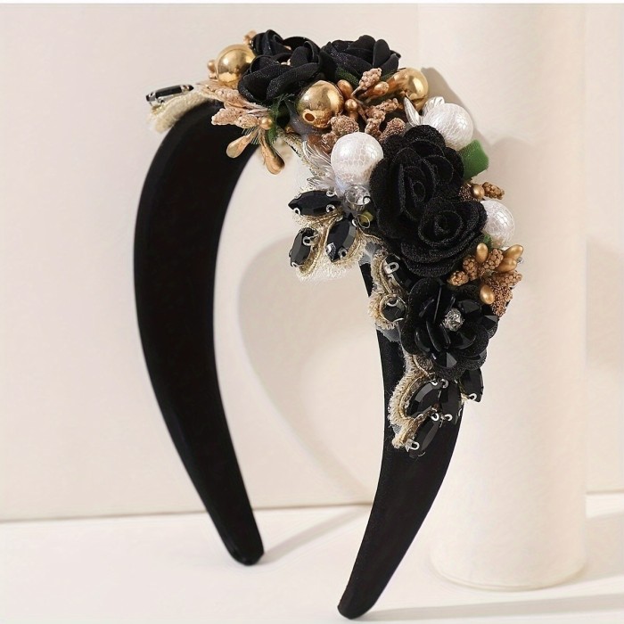 Adult Fabric Flower Stamen Heavy Rhinestone Holiday Headband 1pc