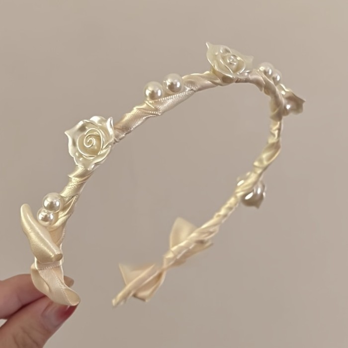 Valentine's Day Iron Alloy Headband - Cute Minimalist Style with Rose & Camellia Flowers, Imitation Pearl Accents, Bow Detail - Single Elegant Hairband for Special Occasions