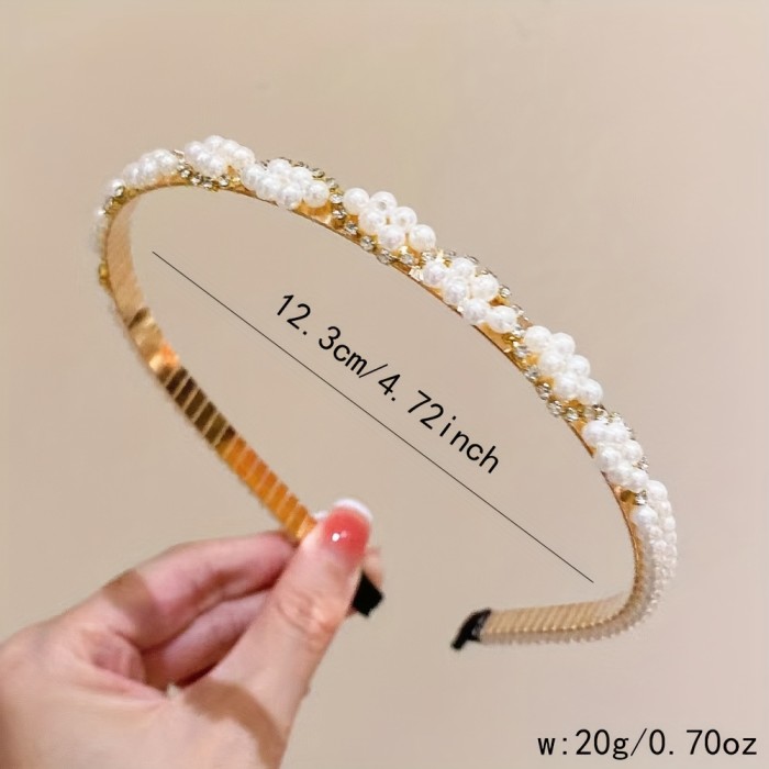 1pc Elegant Faux Pearl Bling Bling Rhinestone Decorative Head Band Vintage Non Slip Hair Hoop For Women And Daily Use