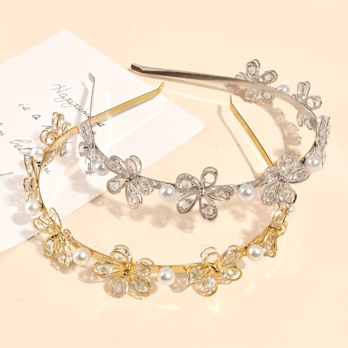 Elegant Floral Headband with Imitation Pearls and Crystal Accents - Aluminum Alloy Hairband for Dress Up, Single Pack, Solid Color Aluminum Elegant Headband with Flower and Imitation Pearl Design for Special Occasions