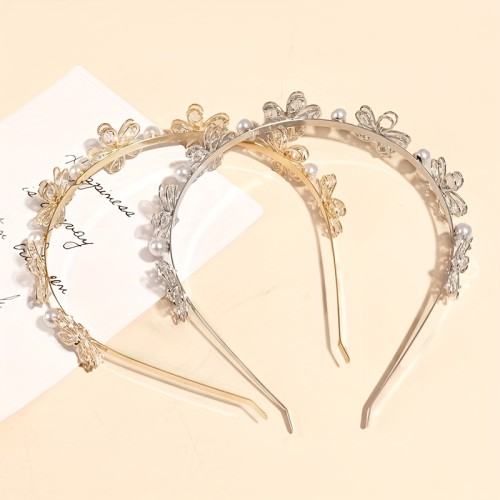 Elegant Floral Headband with Imitation Pearls and Crystal Accents - Aluminum Alloy Hairband for Dress Up, Single Pack, Solid Color Aluminum Elegant Headband with Flower and Imitation Pearl Design for Special Occasions