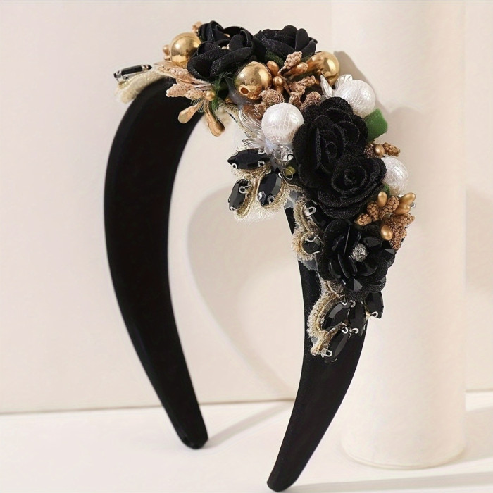 Adult Fabric Flower Stamen Heavy Rhinestone Holiday Headband 1pc