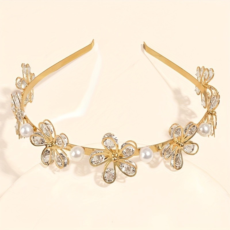 Elegant Floral Headband with Imitation Pearls and Crystal Accents - Aluminum Alloy Hairband for Dress Up, Single Pack, Solid Color Aluminum Elegant Headband with Flower and Imitation Pearl Design for Special Occasions