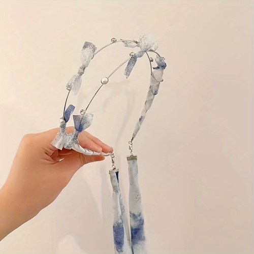 Elegant Iron Hairband with Removable Blue Ribbon, Braided Hair Hoop with Imitation Pearl Accents, Single Piece Bow-Decorated Hair Accessory for Dress-Up, Solid Color Design for Valentine's Day - Middle East Collection