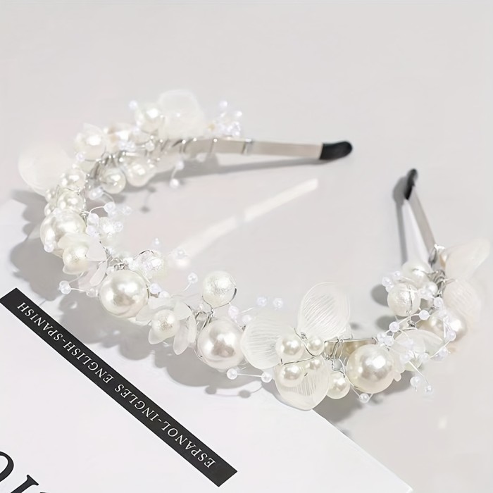 Bridal Faux Pearl And Flower Hairband, 1pc Elegant Alloy Headband, Wedding Headpiece, Floral Garland, Party Accessory