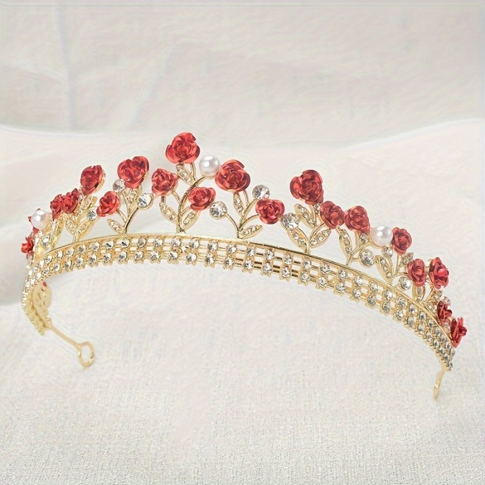 1pc Colored Rose Flower Faux Pearl Decor Headband Alloy Rhinestone Crown Headpiece Elegant Hair Accessories For Wedding Porm Party Wear