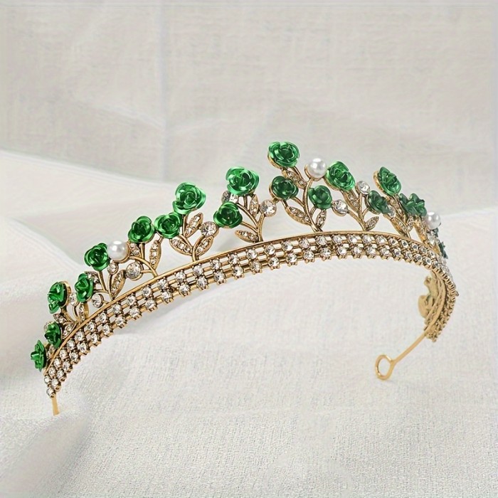 1pc Colored Rose Flower Faux Pearl Decor Headband Alloy Rhinestone Crown Headpiece Elegant Hair Accessories For Wedding Porm Party Wear