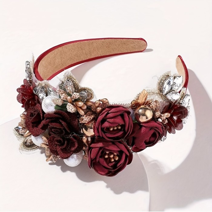 Adult Fabric Flower Stamen Heavy Rhinestone Holiday Headband 1pc