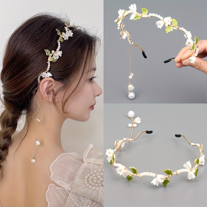 1pcs Imitation Pearl Tassel Headband For Women, Elegant Hair Chain Hair Hoop Fake Earrings, Flower Hair Bands Headpiece Hair Accessories For Wedding Bridal