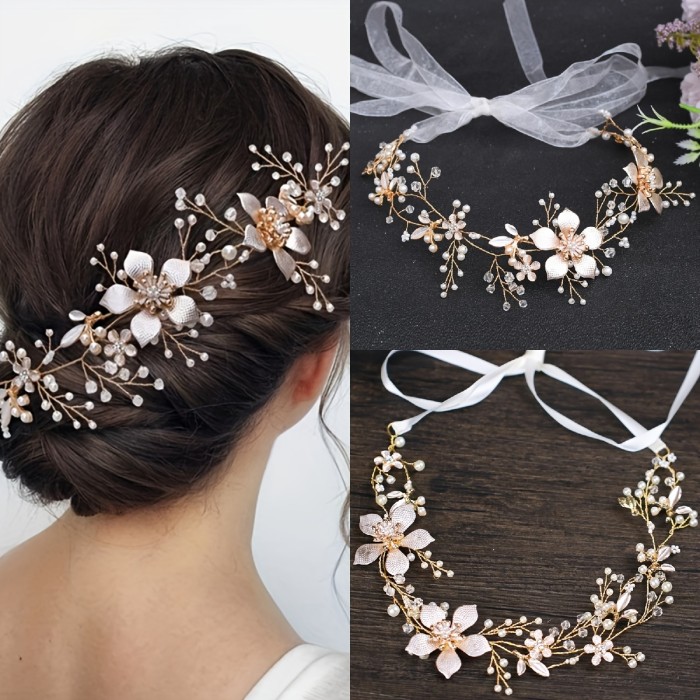 Bridal Floral Headband 1pc, Handcrafted Faux Pearl Accented Leaf Alloy Hair Band, Fashionable Wedding Dress Hair Accessory For Brides, Elegant Updo Ornament With Ribbon Tie