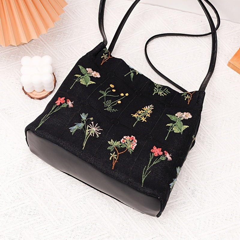 Floral Embroidery Shoulder Bag, Vintage Daily Bucket Bag, Fashion Handbags For Women