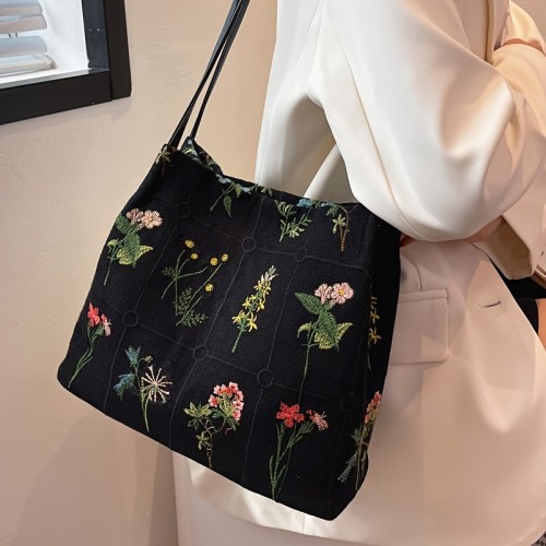 Floral Embroidery Shoulder Bag, Vintage Daily Bucket Bag, Fashion Handbags For Women