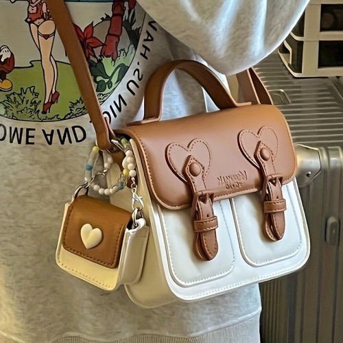 Chic Two-Tone Cream Cambridge Satchel - Fashionable Faux Leather Crossbody & Shoulder Bag for Women, Light Brown