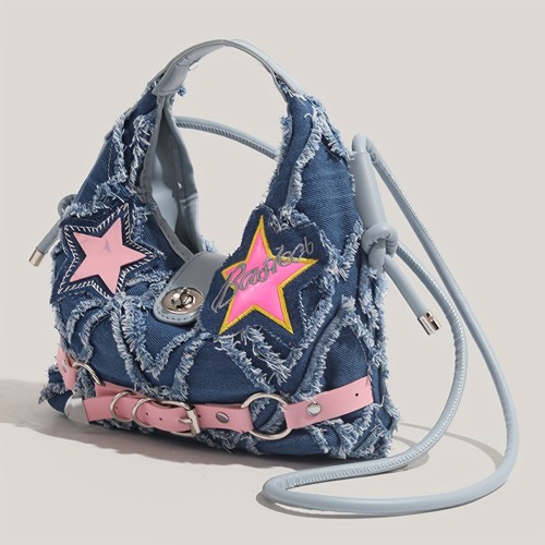 Chic Y2K-Inspired Denim Crossbody Bag with Pink Star Patch, Vintage Style Shoulder Handbag for Women, for Autumn, Spring