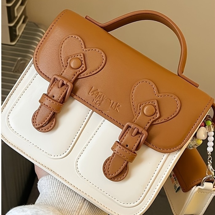 Chic Two-Tone Cream Cambridge Satchel - Fashionable Faux Leather Crossbody & Shoulder Bag for Women, Light Brown