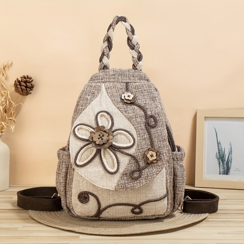 Vintage Ethnic Style Flap Backpack, Floral Embroidered Daypack, Bohemian Bag & Purse For School & Travel