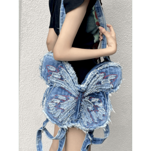 Women's Denim Butterfly-Shaped Backpack, Dual-Tone Blue & Green, Casual Shoulder Bag for All Saints' Day & Christmas, Washable, No Oil Edging, No Lining, Zip Closure, Trendy Holiday Accessory
