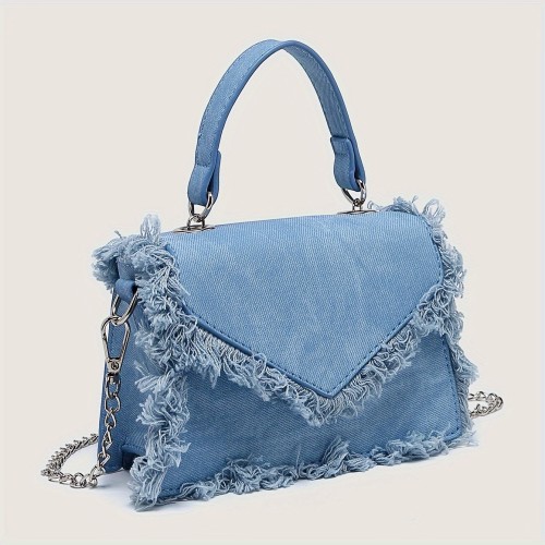 Chic Denim Blue Mini Crossbody Bag with Tassel Detail - Magnetic Closure, Polyester Lined, Fashionable Women's Shoulder Purse