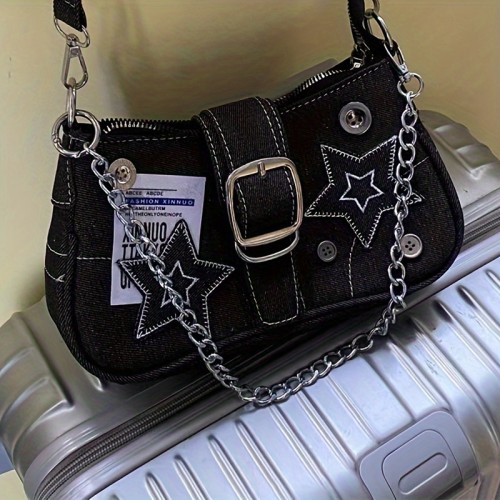 Trendy Y2K Style Star Pattern Shoulder Baguette Bag, Classic Versatile Underarm Bag With Buckle Decor