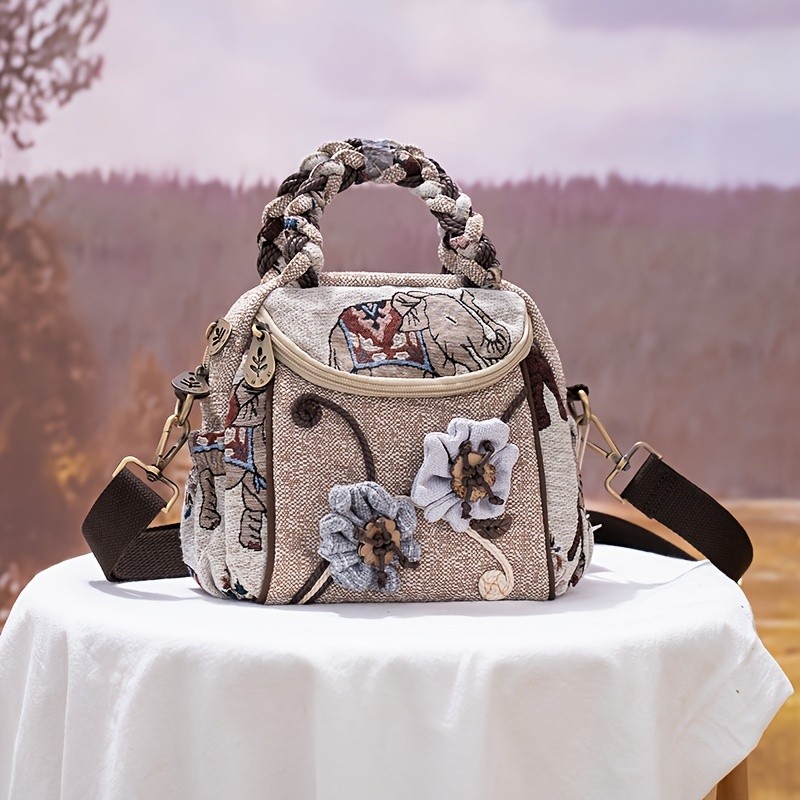 Retro Ethnic Elephant Pattern & Flower Decor Satchel Bag, Mini Zipper Square Shoulder Bag For Women
