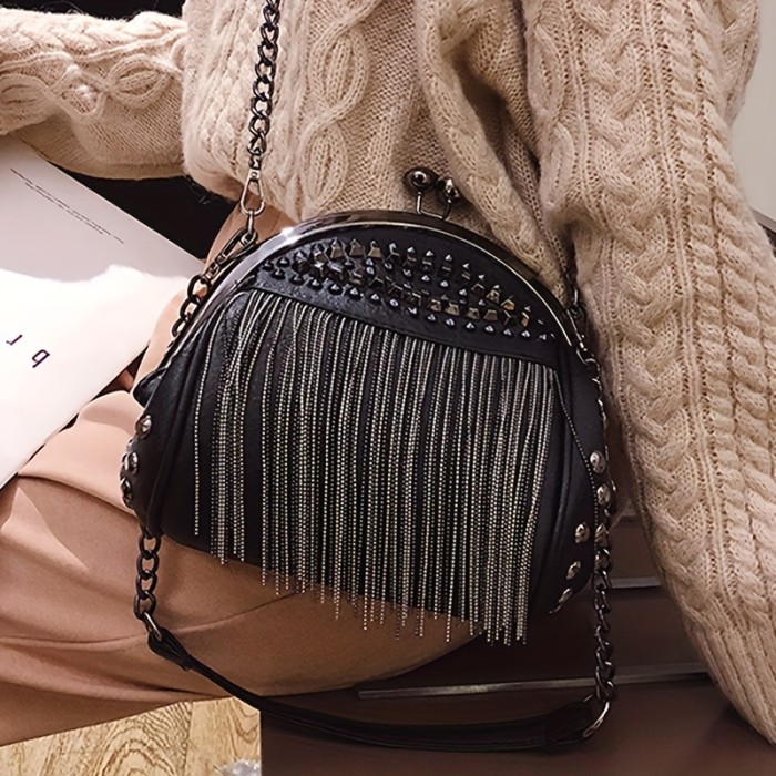 Niche Fashionable Kiss-Lock Handbag, Rivets Novelty Tassel Decor Shoulder Chain Bag For Women