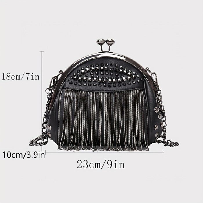 Niche Fashionable Kiss-Lock Handbag, Rivets Novelty Tassel Decor Shoulder Chain Bag For Women