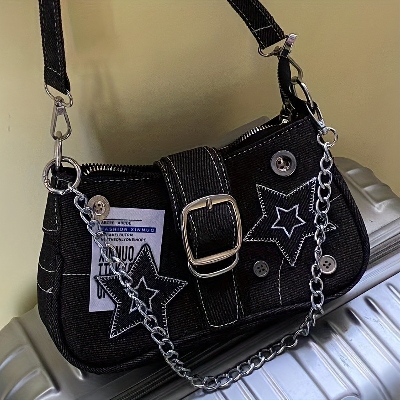 Trendy Y2K Style Star Pattern Shoulder Baguette Bag, Classic Versatile Underarm Bag With Buckle Decor