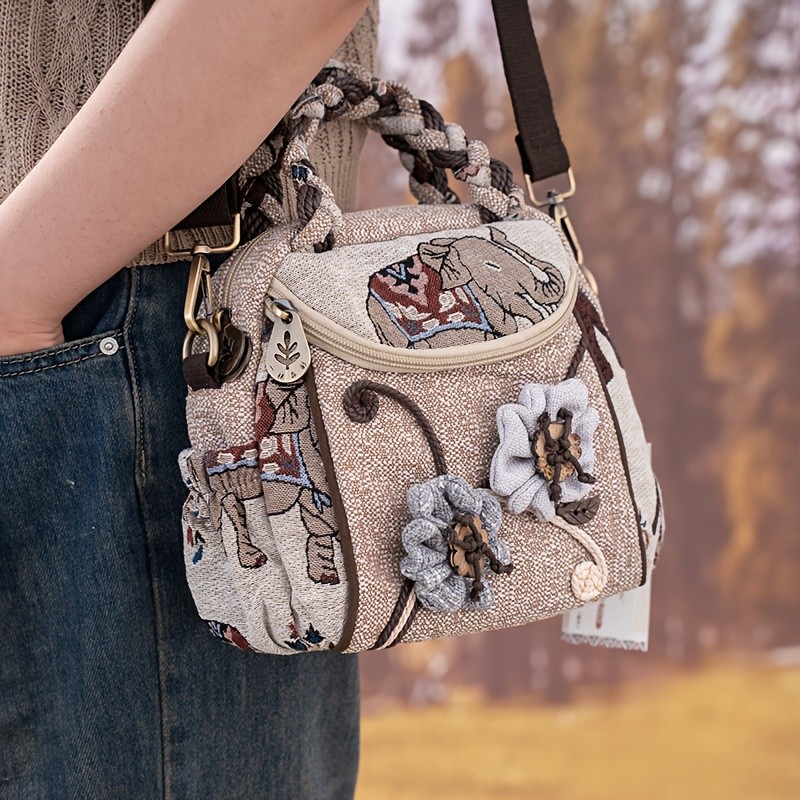 Retro Ethnic Elephant Pattern & Flower Decor Satchel Bag, Mini Zipper Square Shoulder Bag For Women
