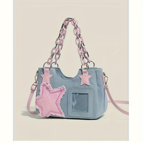 Y2K Aesthetic Denim Crossbody Bag with Stripes, Anime Theme, Hand Washable with Zipper Closure, Polyester Lined, Edged Paint, Japanese Influenced Fashion Accessory
