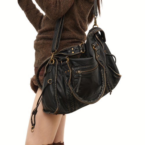 1pc Y2K Vintage Style Faux Leather Women'S Shoulder Bag, Large Capacity Soft Tote with Adjustable Strap, Zipper Closure, Polyester Lined, Edge Paint Detail