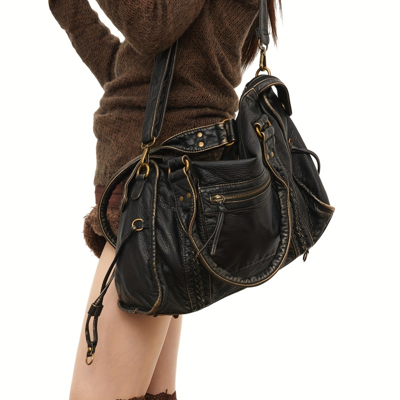 1pc Y2K Vintage Style Faux Leather Women'S Shoulder Bag, Large Capacity Soft Tote with Adjustable Strap, Zipper Closure, Polyester Lined, Edge Paint Detail