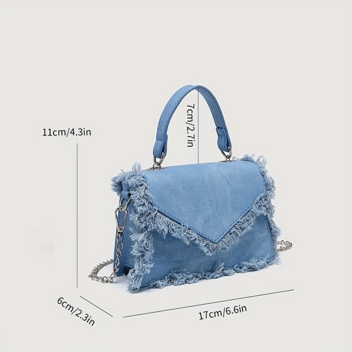 Chic Denim Blue Mini Crossbody Bag with Tassel Detail - Magnetic Closure, Polyester Lined, Fashionable Women's Shoulder Purse