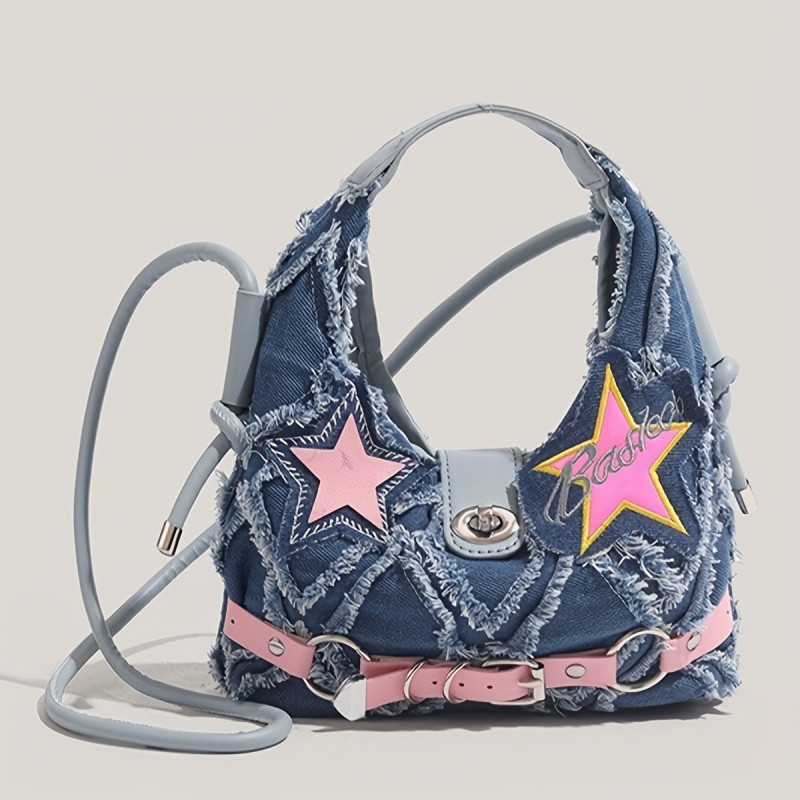 Chic Y2K-Inspired Denim Crossbody Bag with Pink Star Patch, Vintage Style Shoulder Handbag for Women, for Autumn, Spring