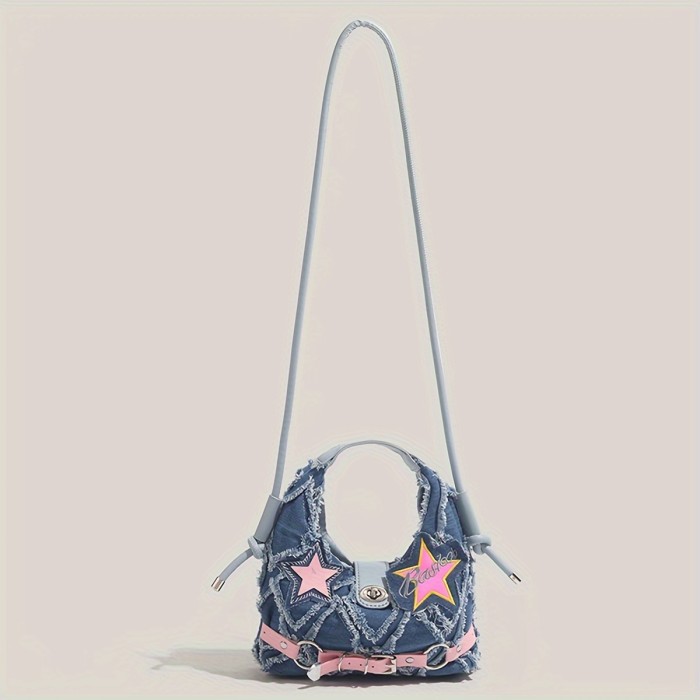 Chic Y2K-Inspired Denim Crossbody Bag with Pink Star Patch, Vintage Style Shoulder Handbag for Women, for Autumn, Spring