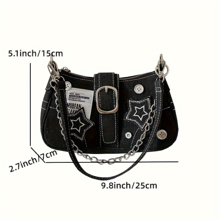 Trendy Y2K Style Star Pattern Shoulder Baguette Bag, Classic Versatile Underarm Bag With Buckle Decor