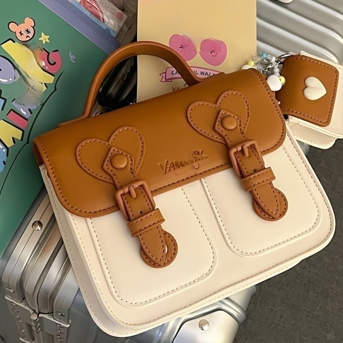 Chic Two-Tone Cream Cambridge Satchel - Fashionable Faux Leather Crossbody & Shoulder Bag for Women, Light Brown