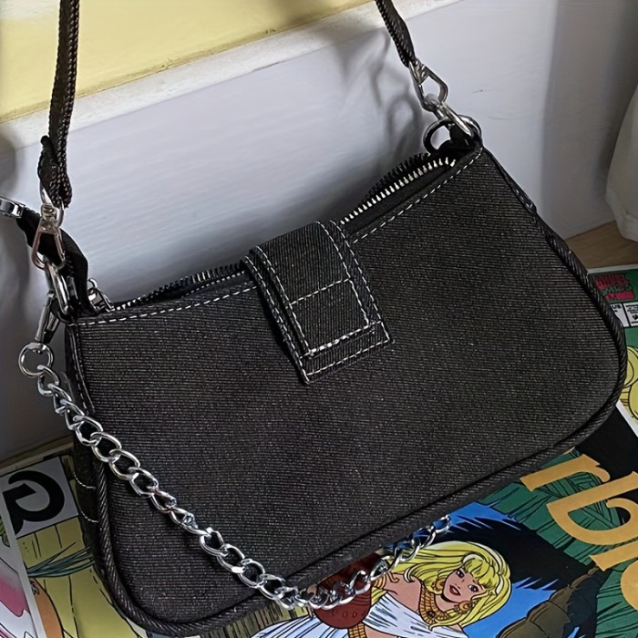 Trendy Y2K Style Star Pattern Shoulder Baguette Bag, Classic Versatile Underarm Bag With Buckle Decor