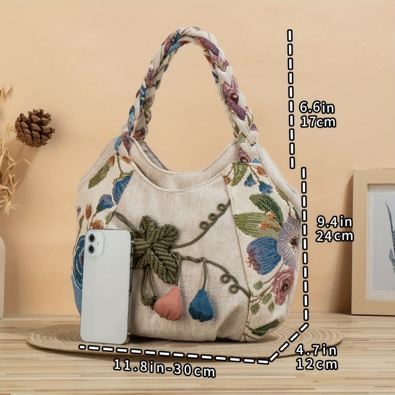 Boho Ethnic Style Small Hand-woven Satchel Bag, Classic Three-dimensional Flower Decor Travel Use Bag For Women
